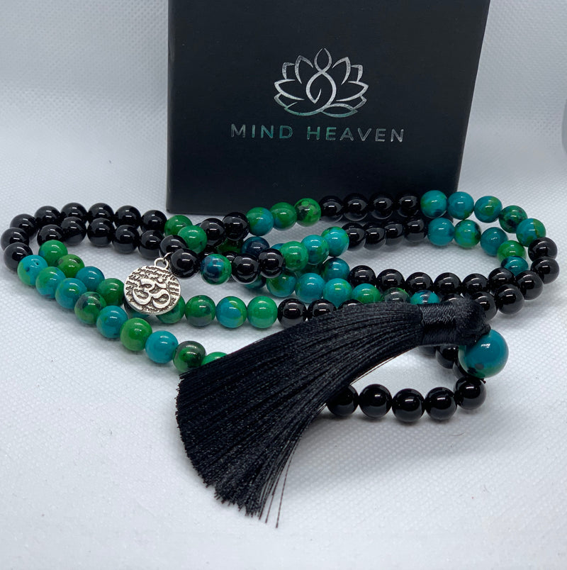 Elegant Black Onyx and Chrysocolla 108 Mala Necklace with black tassel and OM pendant.   This beautiful 108 hand-made mala necklace features Black Onyx and Chrysocolla Beads with black tassel and OM pendant