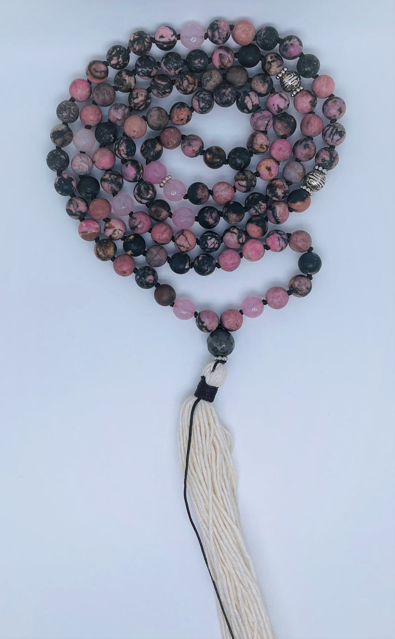 Mynd-Abundance 108 mala necklace pink zebra jasper and pink quartz beads