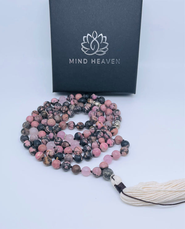 Mynd-Abundance 108 mala necklace pink zebra jasper and pink quartz beads