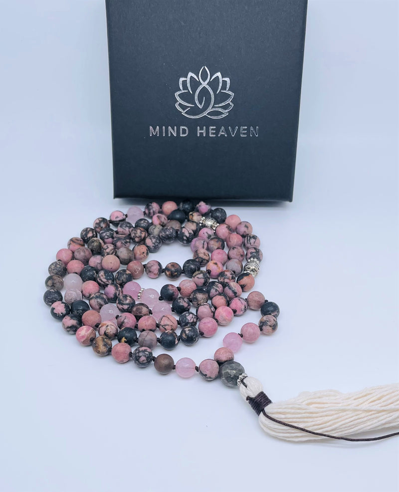 Mynd-Abundance 108 mala necklace pink zebra jasper and pink quartz beads