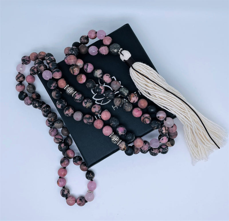 Mynd-Abundance 108 mala necklace pink zebra jasper and pink quartz beads