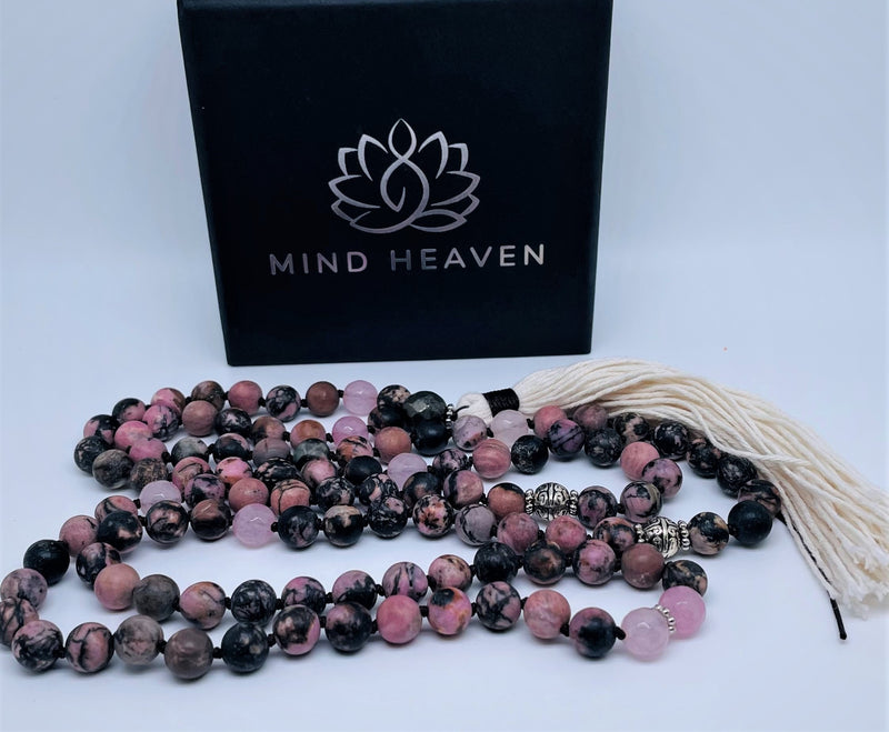 Mynd-Abundance 108 mala necklace pink zebra jasper and pink quartz beads