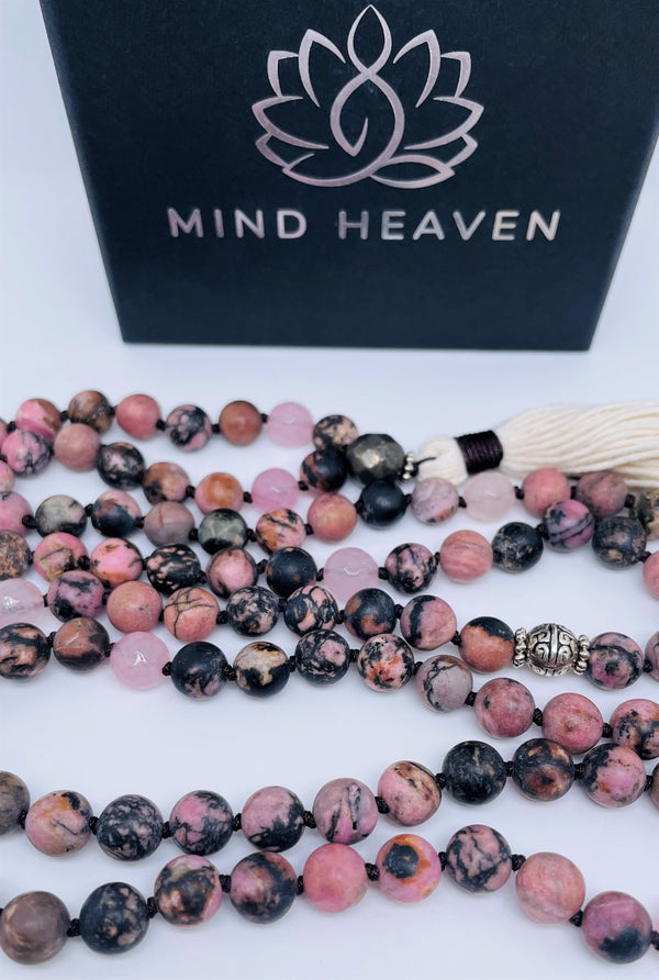 Mynd-Abundance 108 mala necklace pink zebra jasper and pink quartz beads