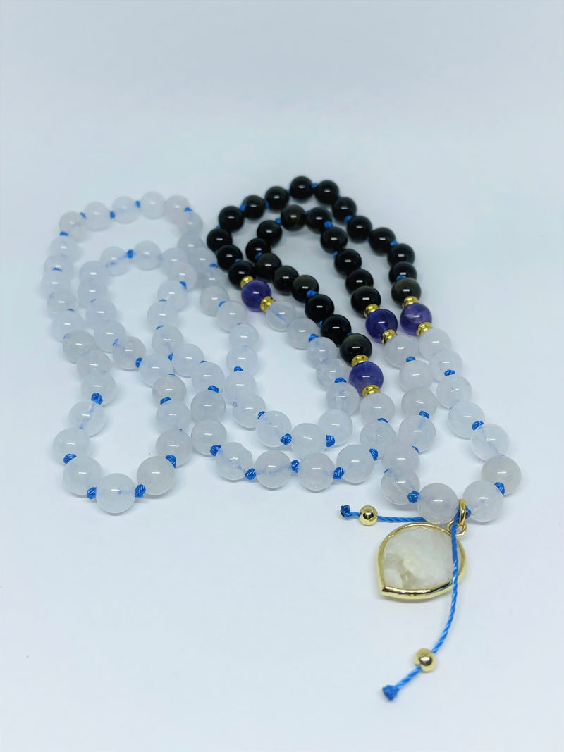 Black Onyx, Moonstone, and Amethyst  Beads with moonstone pendant and blue string