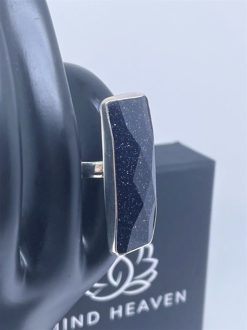 Blue Goldstone Big rectangle sterling silver ring