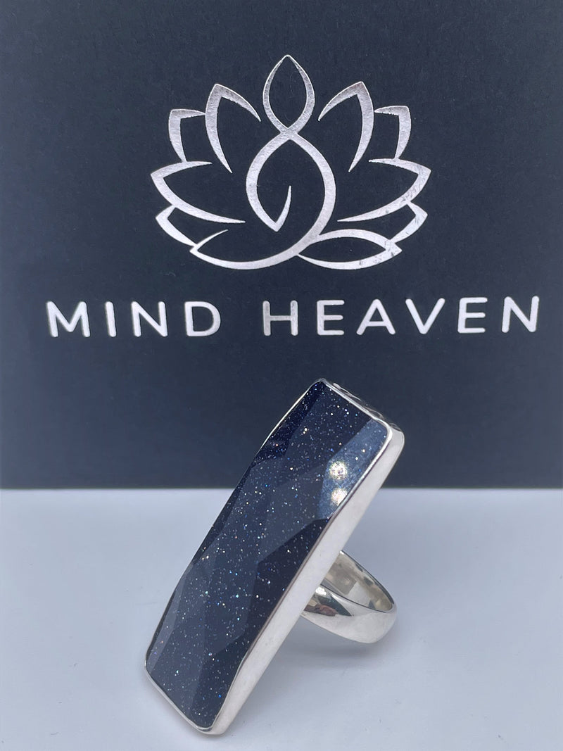 Blue Goldstone Big rectangle sterling silver ring