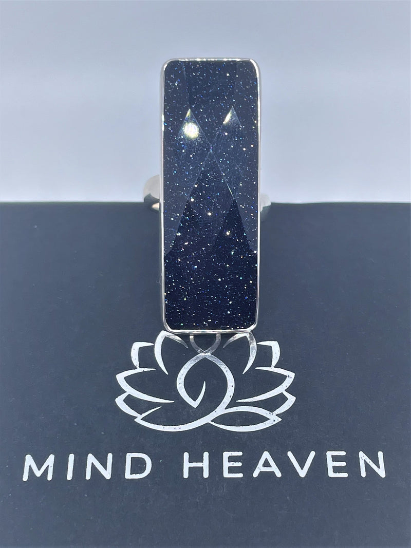 Blue Goldstone Big rectangle sterling silver ring