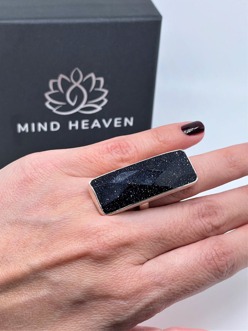 Blue Goldstone Big rectangle sterling silver ring