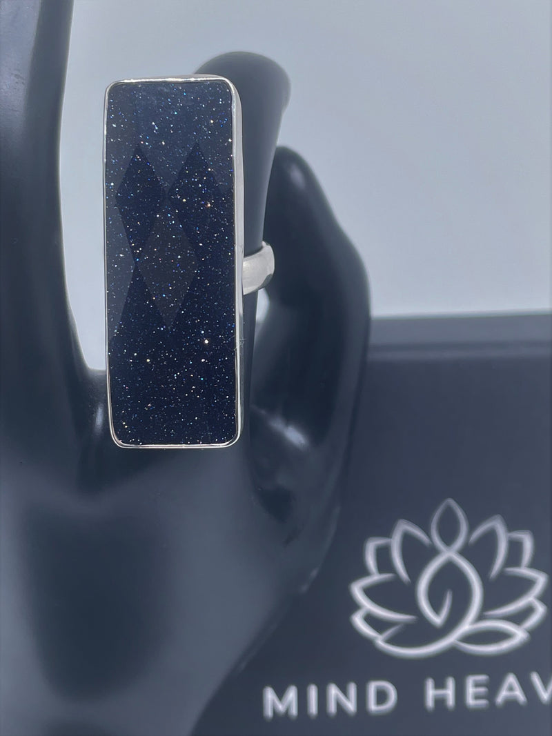 Blue Goldstone Big rectangle sterling silver ring