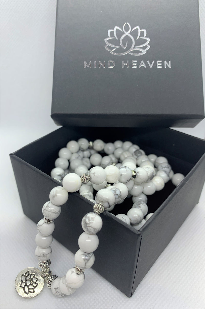 Howlite is often worn as a reminder of patience. The marbled stone is associated with inner calm, stress release, and soothing an overactive mind.