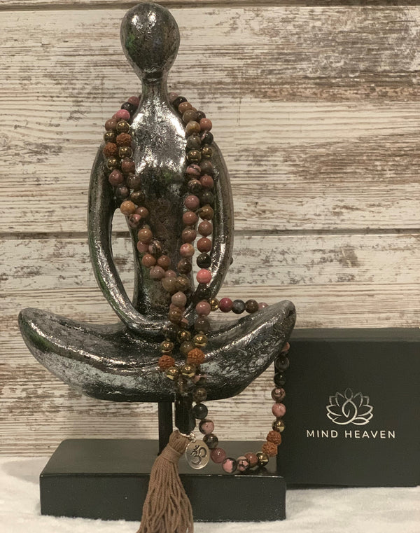 Mala 108 beads with Rhodonite pendant, Hematite and Rudraksha stones with OM symbol, and brown tassel