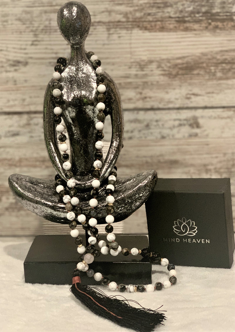 "Mynd-Intuition" beautiful and unique 108 hand-made mala necklace features gray opal and white turquoise with one round rose quartz as marker bead with black tassel and pink-colored knotted threads.