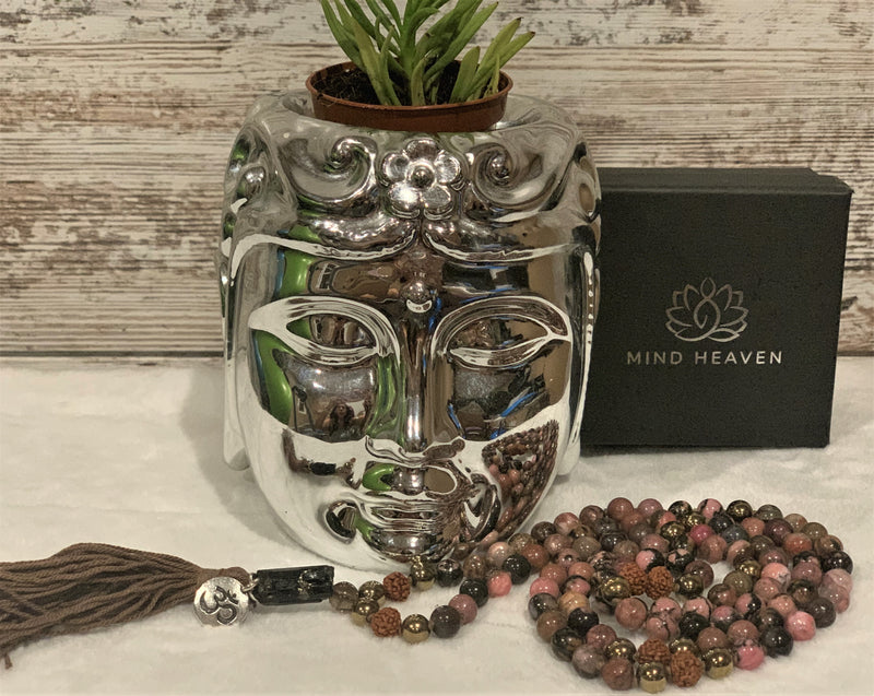 Mala 108 beads with Rhodonite pendant, Hematite and Rudraksha stones with OM symbol, and brown tassel