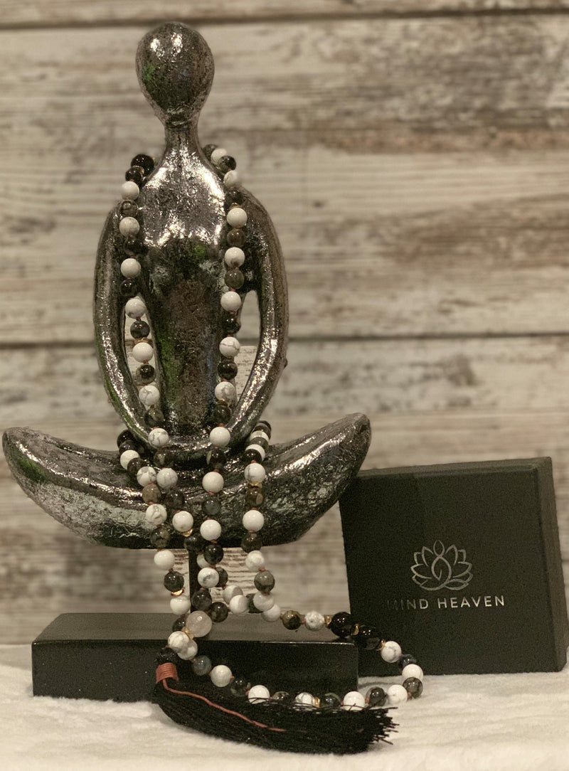 "Mynd-Intuition" beautiful and unique 108 hand-made mala necklace features gray opal and white turquoise with one round rose quartz as marker bead with black tassel and pink-colored knotted threads.