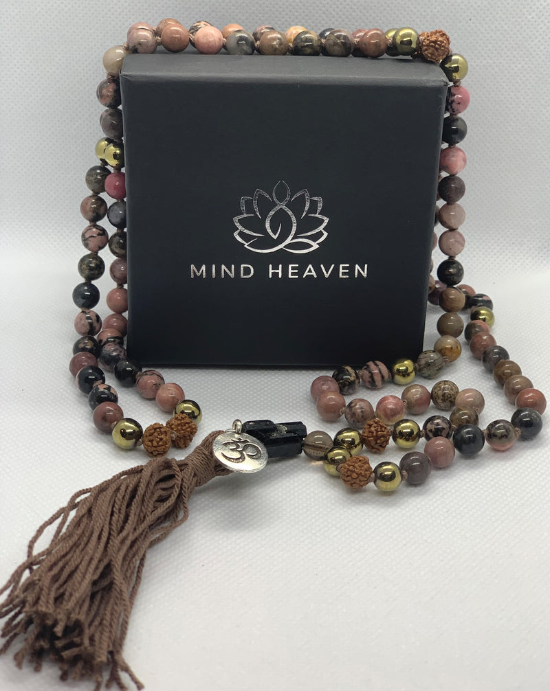 Mala 108 beads with Rhodonite pendant, Hematite and Rudraksha stones with OM symbol, and brown tassel