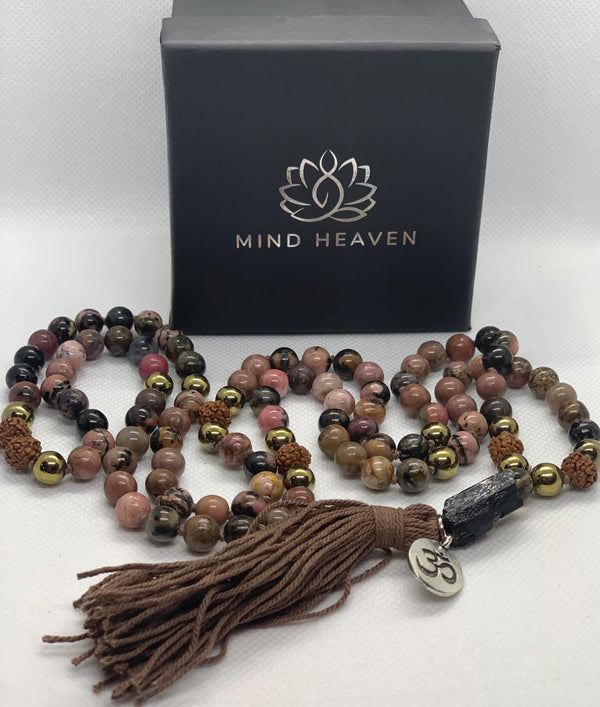 Mala 108 beads with Rhodonite pendant, Hematite and Rudraksha stones with OM symbol, and brown tassel