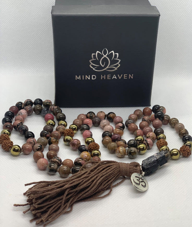 Mala 108 beads with Rhodonite pendant, Hematite and Rudraksha stones with OM symbol, and brown tassel