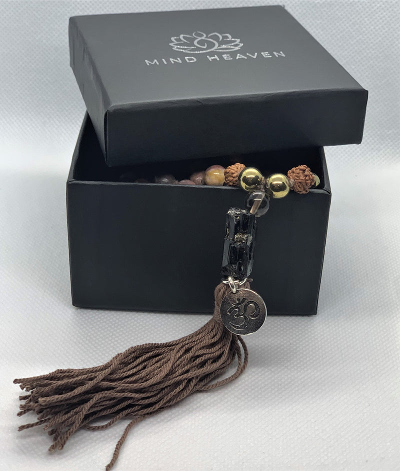 Mala 108 beads with Rhodonite pendant, Hematite and Rudraksha stones with OM symbol, and brown tassel