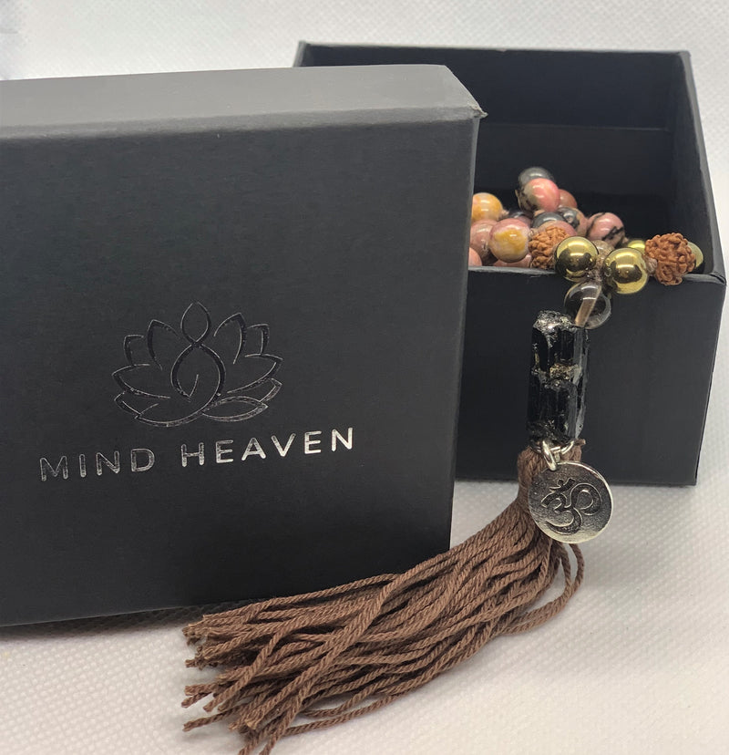 Mala 108 beads with Rhodonite pendant, Hematite and Rudraksha stones with OM symbol, and brown tassel