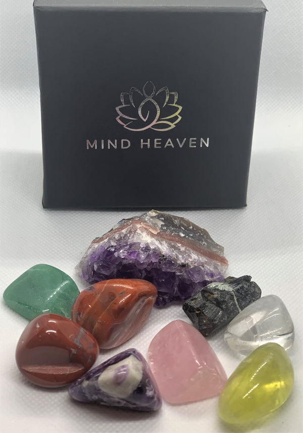 Starting set healing crystals: Clear Quartz, Amethyst, Lapis Lazuli,  Green Aventurine, Citrine, Carnelian, Red Jasper