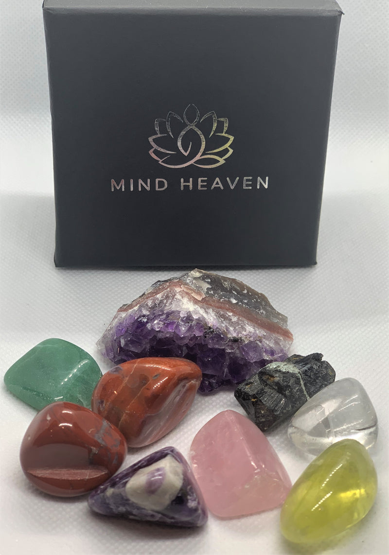 Starting set healing crystals: Clear Quartz, Amethyst, Lapis Lazuli,  Green Aventurine, Citrine, Carnelian, Red Jasper
