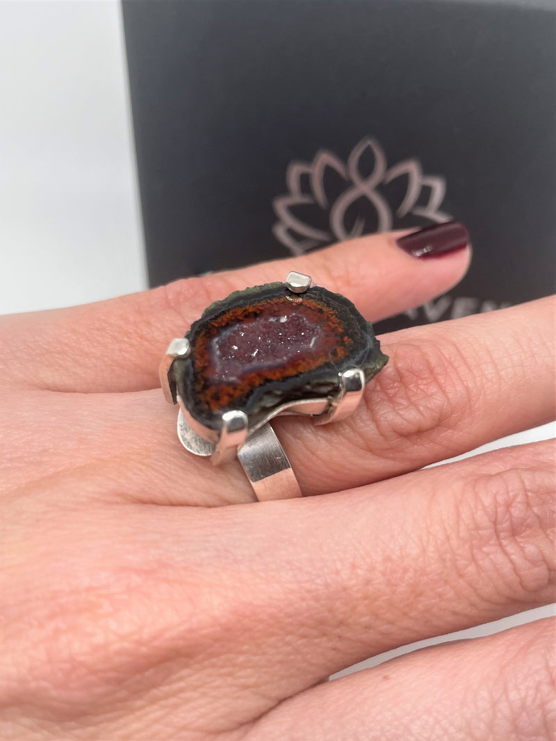 Silver Ring with Irregular Raw Agate Geode