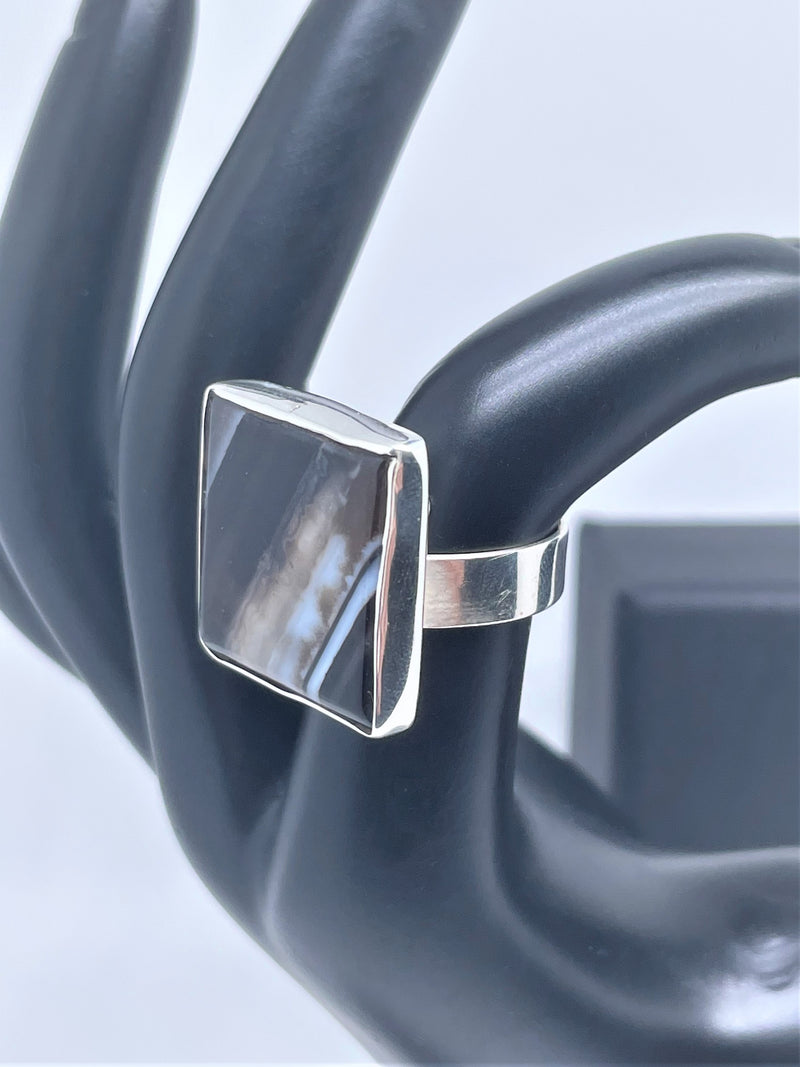 Agate square milky-brown sterling silver ring