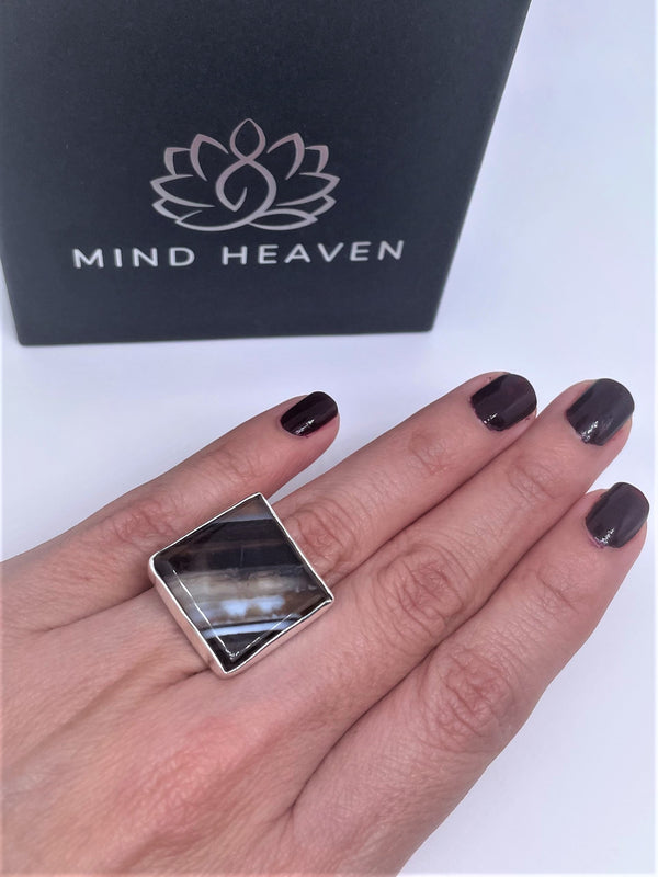 Agate square milky-brown sterling silver ring