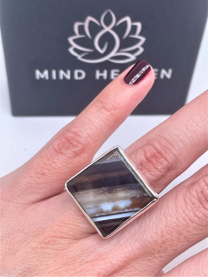 Agate square milky-brown sterling silver ring