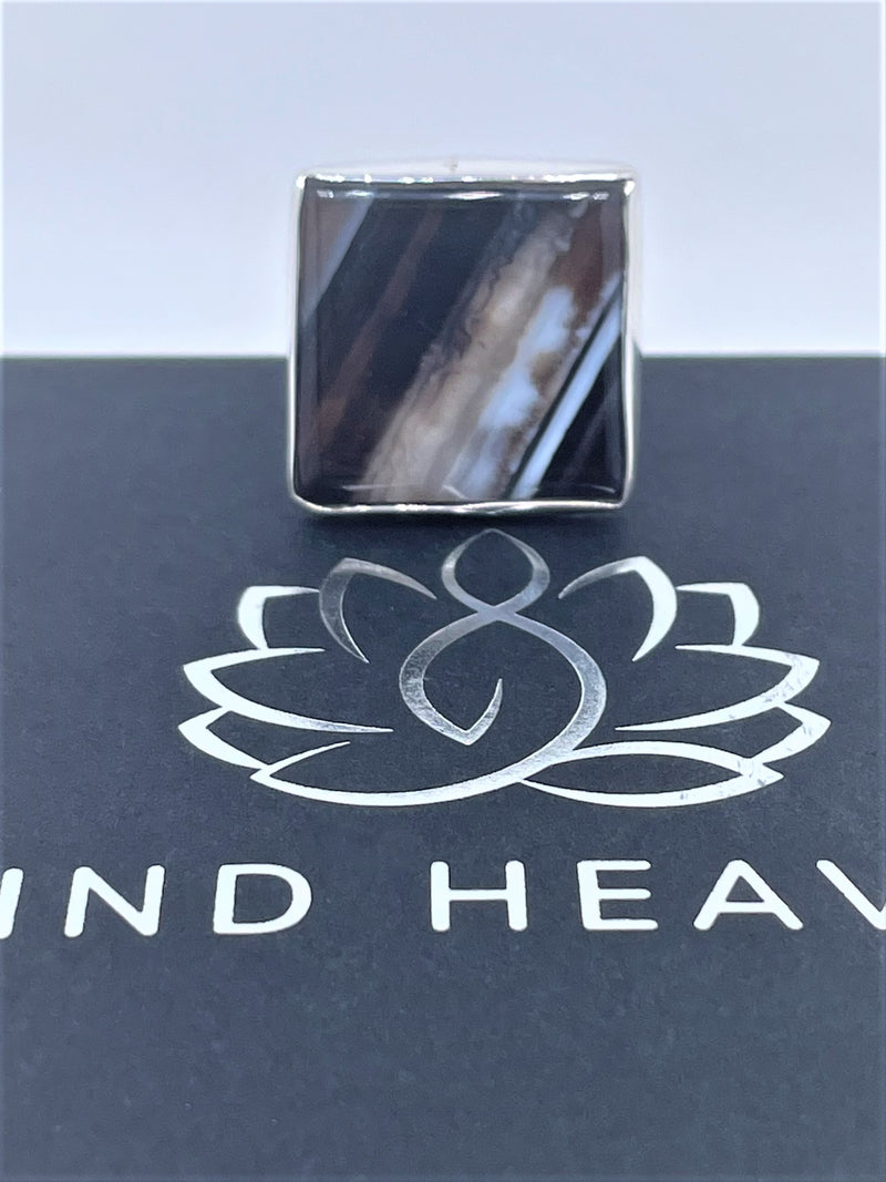 Agate square milky-brown sterling silver ring