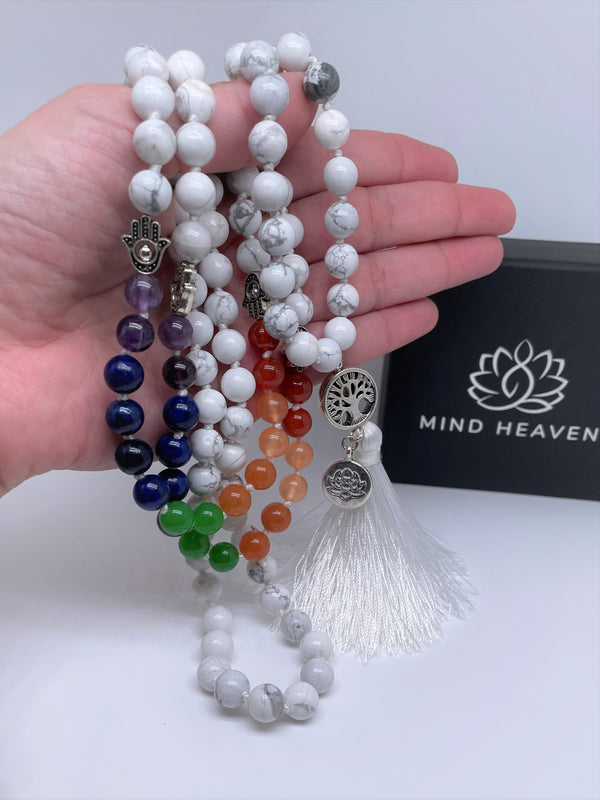 Mynd-Rainbow Chakra 108 mala beads necklace with hamsa beads sun or lotus pendant
