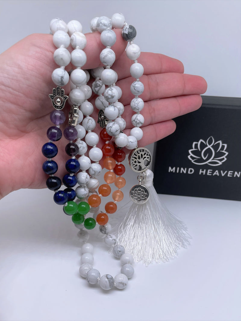 Mynd-Rainbow Chakra 108 mala beads necklace with hamsa beads sun or lotus pendant