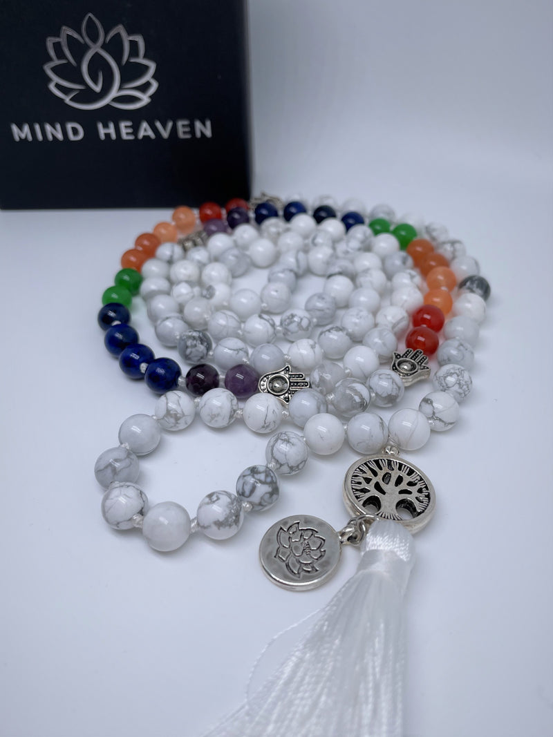 Mynd-Rainbow Chakra 108 mala beads necklace with hamsa beads sun or lotus pendant