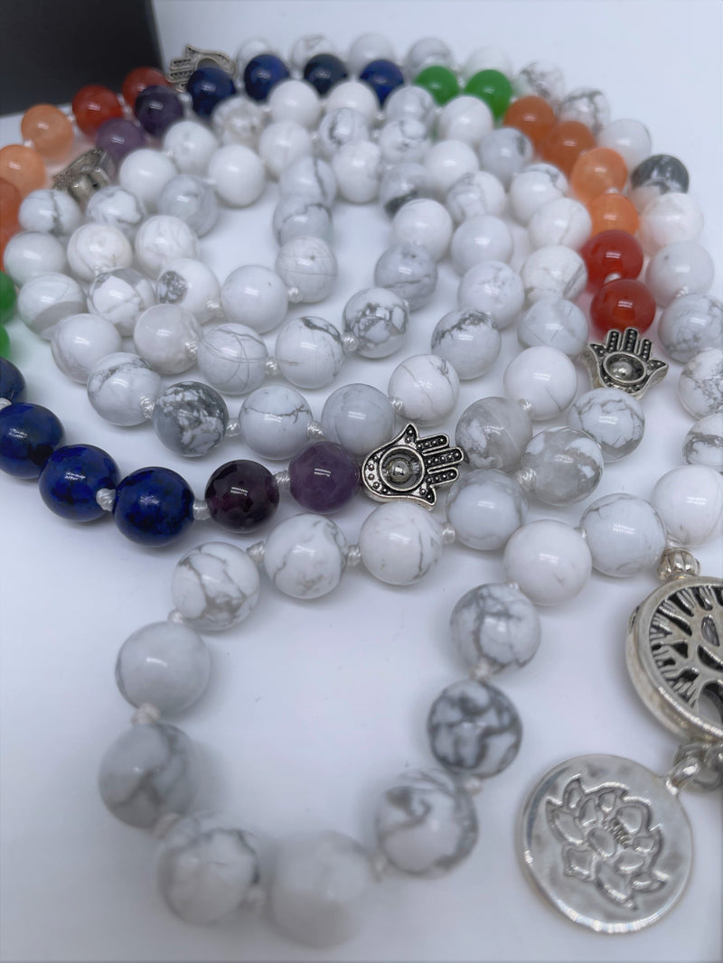 Mynd-Rainbow Chakra 108 mala beads necklace with hamsa beads sun or lotus pendant
