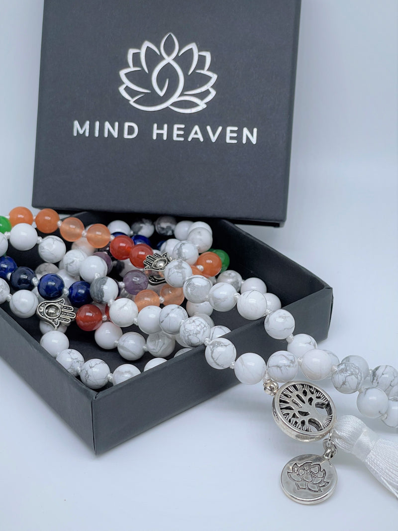 Mynd-Rainbow Chakra 108 mala beads necklace with hamsa beads sun or lotus pendant