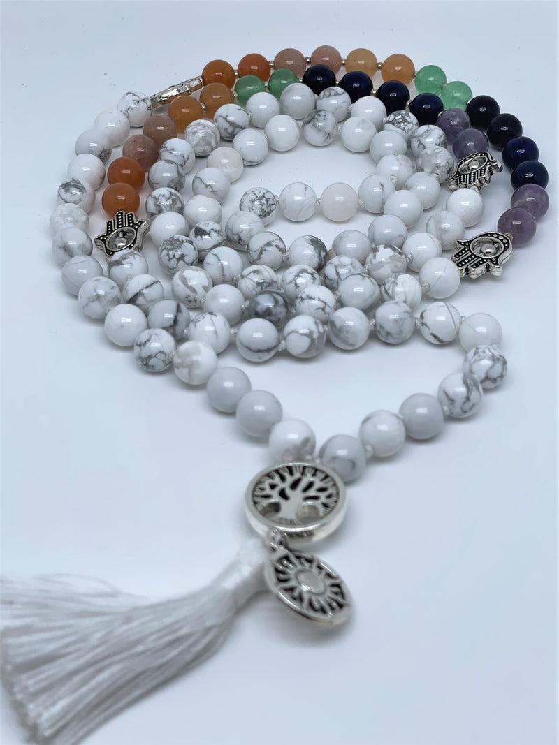 Mynd-Rainbow Chakra 108 mala beads necklace with hamsa beads sun or lotus pendant