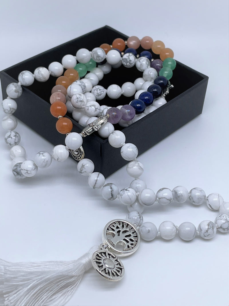 Mynd-Rainbow Chakra 108 mala beads necklace with hamsa beads sun or lotus pendant