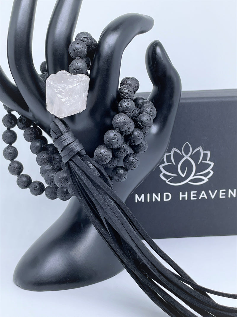 Mynd-Chic handcrafted beads necklace with black lava and clear quartz gemstone