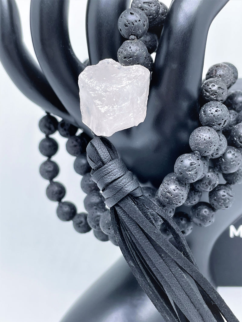 Mynd-Chic handcrafted beads necklace with black lava and clear quartz gemstone