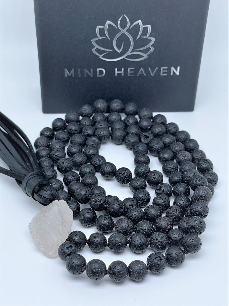 Mynd-Chic handcrafted beads necklace with black lava and clear quartz gemstone