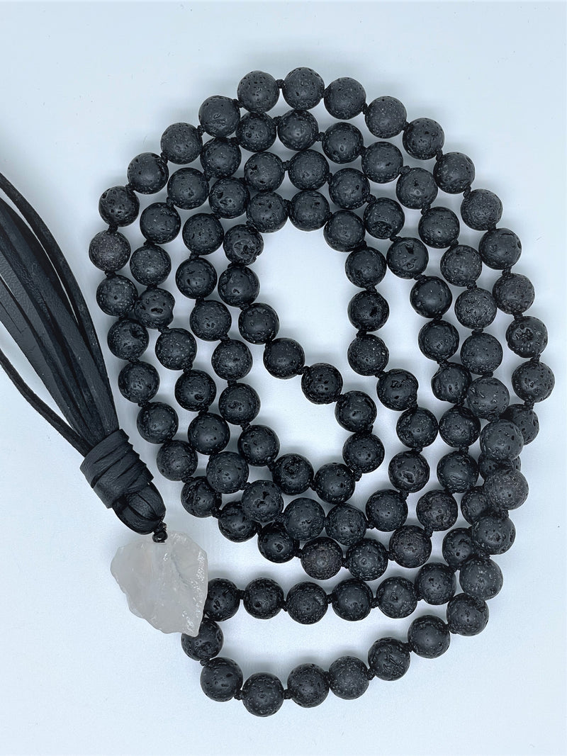 Mynd-Chic handcrafted beads necklace with black lava and clear quartz gemstone