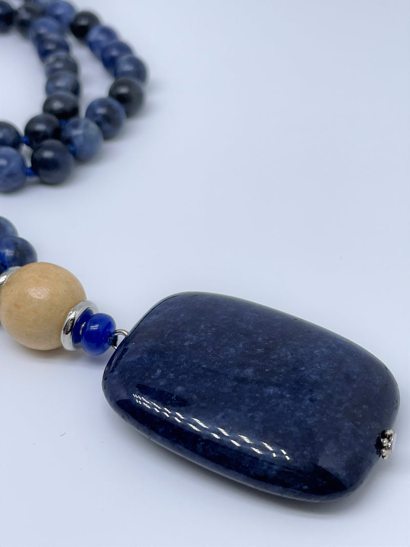 Mynd-Dream handcrafted beads necklace lapis lazuli gemstone beads and rudrashka seeds with square lapis lazuli pendant