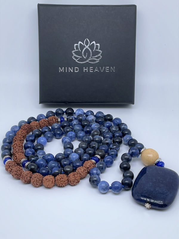 Mynd-Dream handcrafted beads necklace lapis lazuli gemstone beads and rudrashka seeds with square lapis lazuli pendant