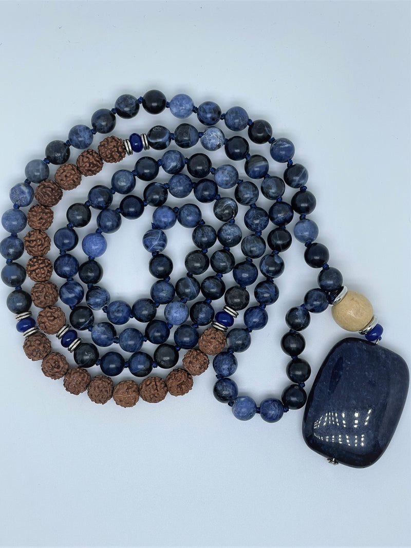 Mynd-Dream handcrafted beads necklace lapis lazuli gemstone beads and rudrashka seeds with square lapis lazuli pendant