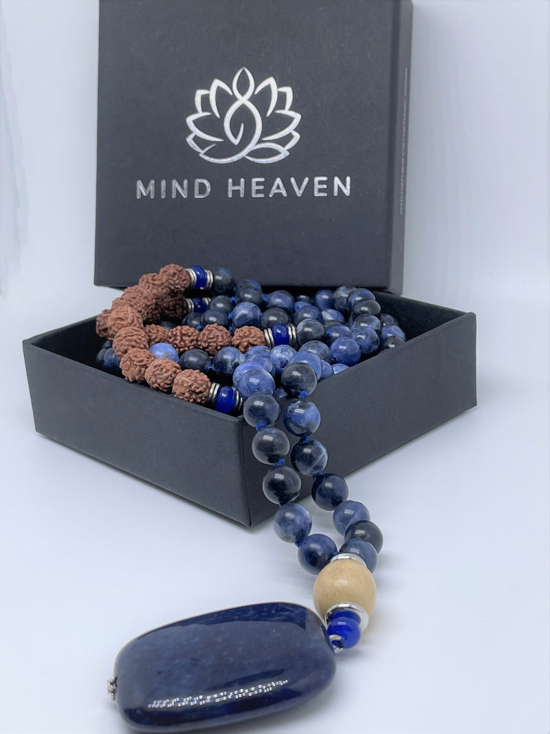 Mynd-Dream handcrafted beads necklace lapis lazuli gemstone beads and rudrashka seeds with square lapis lazuli pendant