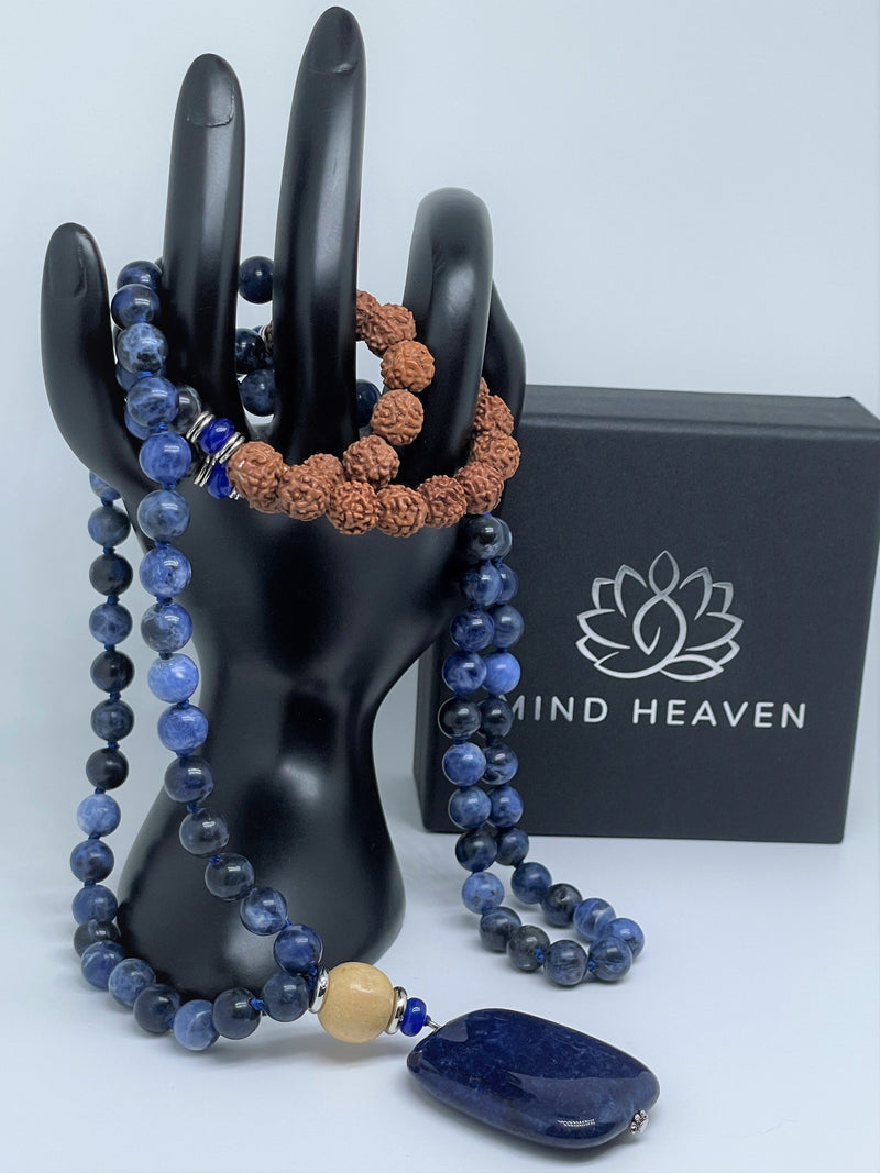 Mynd-Dream handcrafted beads necklace lapis lazuli gemstone beads and rudrashka seeds with square lapis lazuli pendant