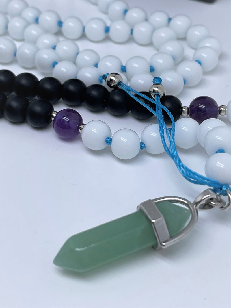 Handcrafted 108 Mala beads Necklace features White and black onyx with a pendant of your choice; amethyst or green agate