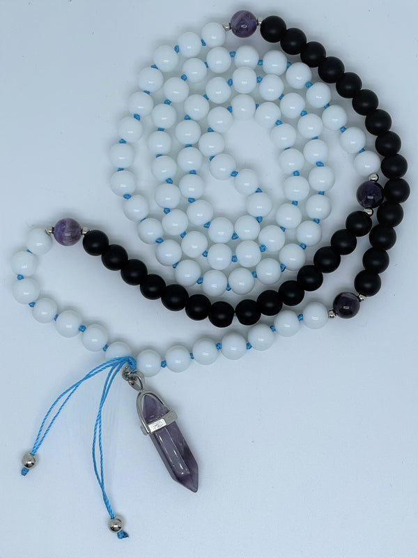 Handcrafted 108 Mala beads Necklace features White and black onyx with a pendant of your choice; amethyst or green agate