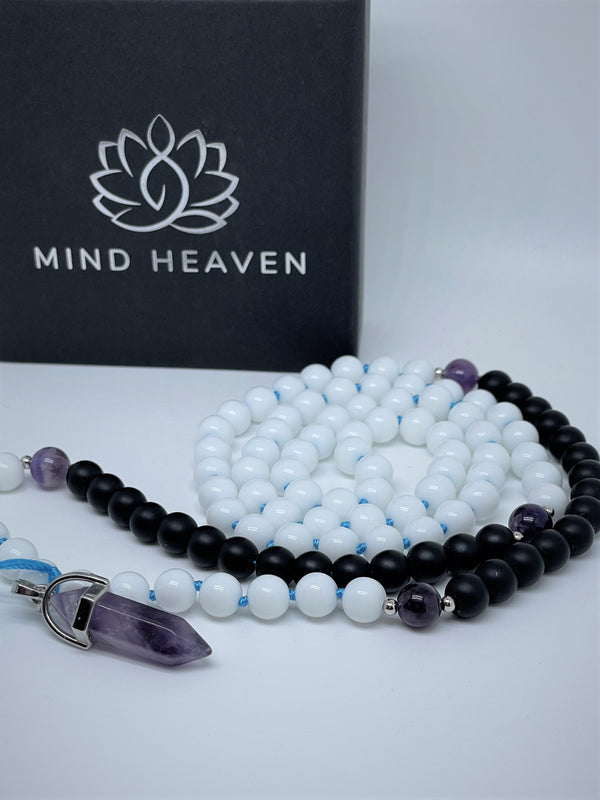Handcrafted 108 Mala beads Necklace features White and black onyx with a pendant of your choice; amethyst or green agate