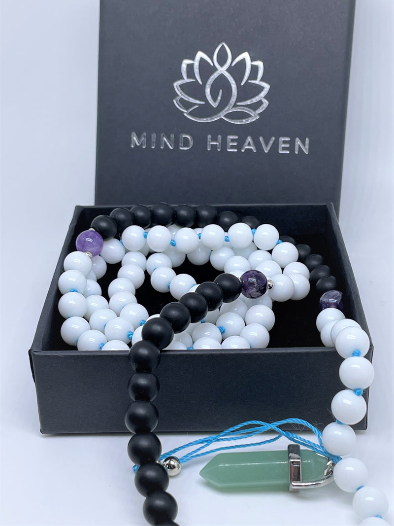 Handcrafted 108 Mala beads Necklace features White and black onyx with a pendant of your choice; amethyst or green agate